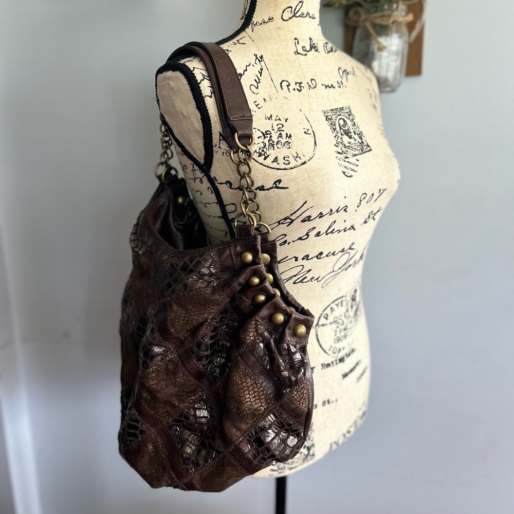 Bohemian faux leather shoulder bag brass hardware hippie indie Gypsy western - Picture 2 of 7